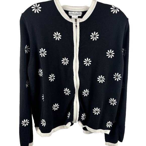 Drapers and Damons Women's Shirt Large Long Sleeve Zip Up Black white Flowers - Picture 1 of 9